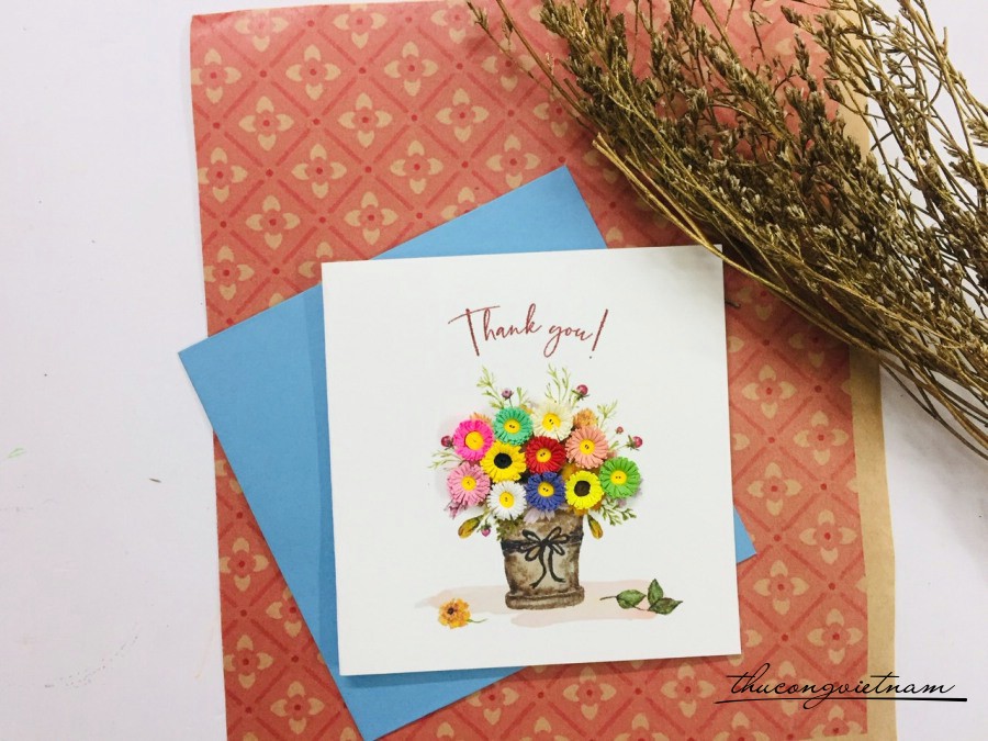 Thiệp quilling 10x10cm - Chậu hoa màu sắc